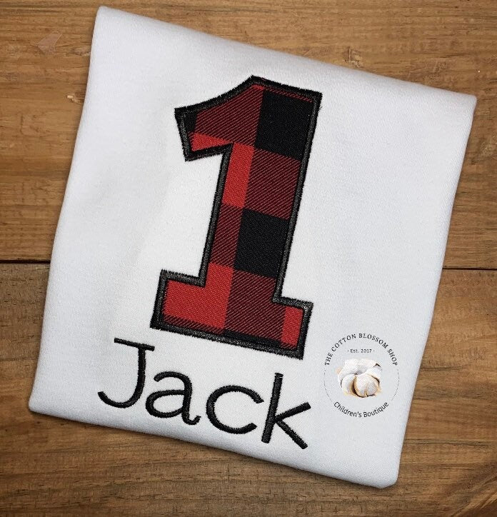Boys 1st birthday shirt, red and black buffalo check birthday shirt, birthday shirt, buffalo plaid birthday shirt