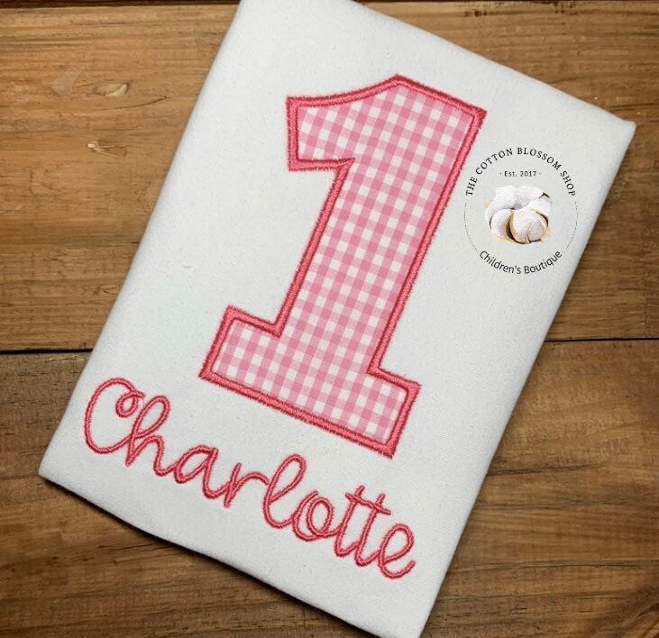 Girls pink gingham birthday shirt, first birthday shirt