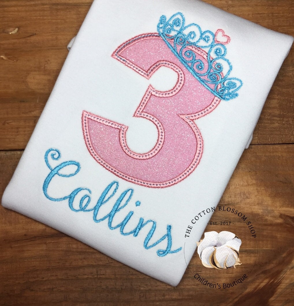 3rd birthday princess shirt, princess shirt, princess birthday outfit, princess party shirt, third birthday princess shirt, pink and blue