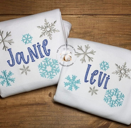 Brother and sister matching Snowflakes personalized embroidered shirts
