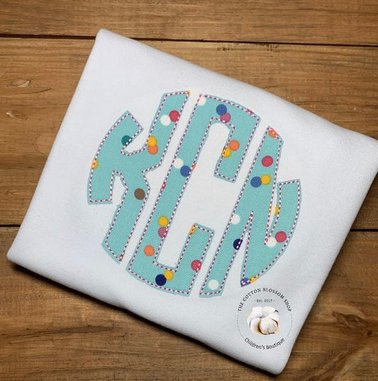 Girls aqua Polka Dot monngrammed shirt, girls applique monogram shirt