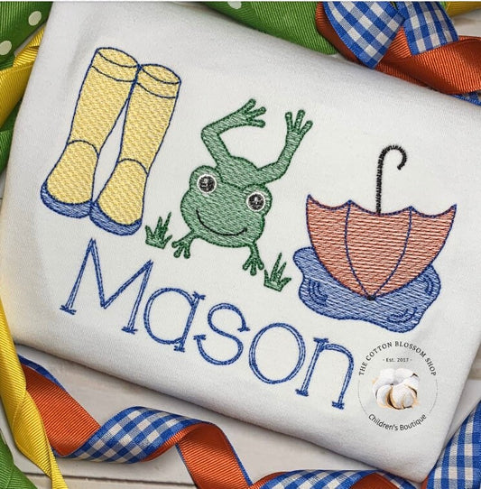 boys rainy day personalized shirt, rain boots, Frog, umbrella Shirt