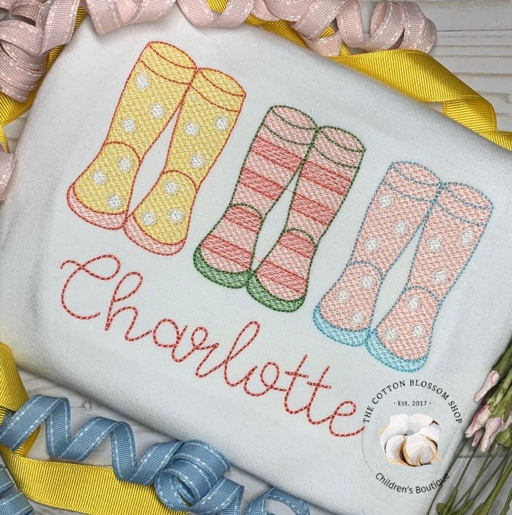 Girls rain Boots Shirt, rainy day embroidered personalized shirt