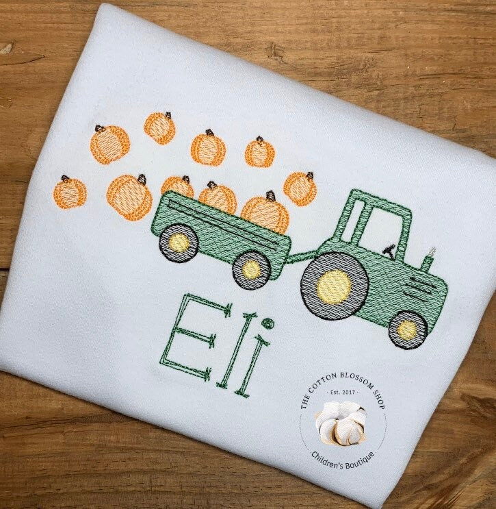 Boys Tractor with Pumpkins Embroidered Shirt