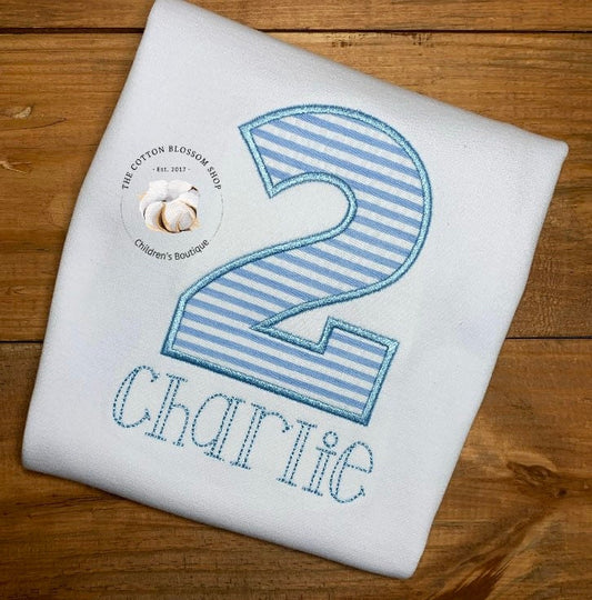 Boys blue and white sersucker gingham birthday shirt, boys second birthday shirt, boys blue  birthday shirt, 2nd birthday shirt, applique