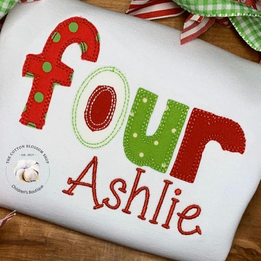 Girls Christmas applique four birthday shirt, 4 year old birthday outfit, girls Christmas birthday four shirt, Christmas birthday shirt