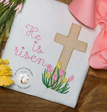 Load image into Gallery viewer, girls easter shirt, he is risen shirt, he is risen appliqué shirt, embroidered shirt, Easter shirt
