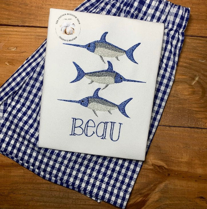 Boys appliqué swordfish shirt, boys personalized marlin shirt, fishing shirt, boys appliqué shirt, boys personalized sailfish shirt
