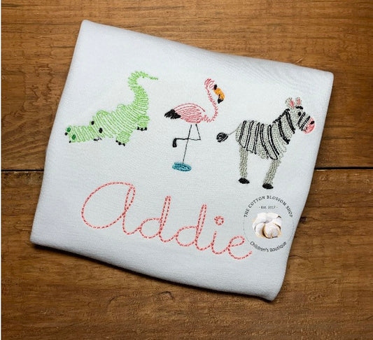 Girls zoo animals embroidered personalized shirt, flamingo, alligator, zebra shirt