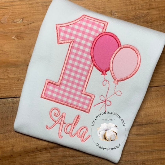 Girls 1st birthday pink gingham birthday shirt, first birthday shirt