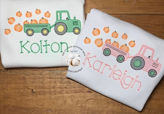 matching pumpkin patch shirts, sibling shirt set, monogrammed tractor applique shirts, matching pumpkin shirts