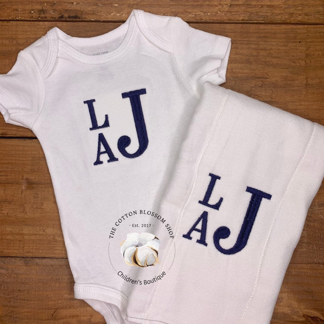 Baby boys stacked monogrammed bodysuit and burp set- boys monogrammed baby shower gift - boys monogrammed bodysuit - monogrammed burp cloth