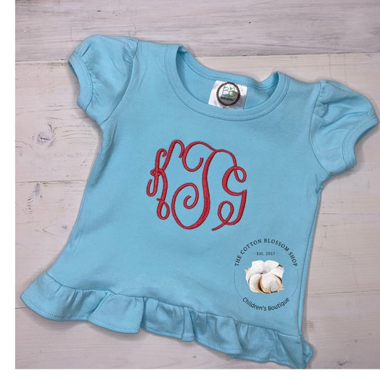 Girls monogrammed shirt, aqua blue shirt