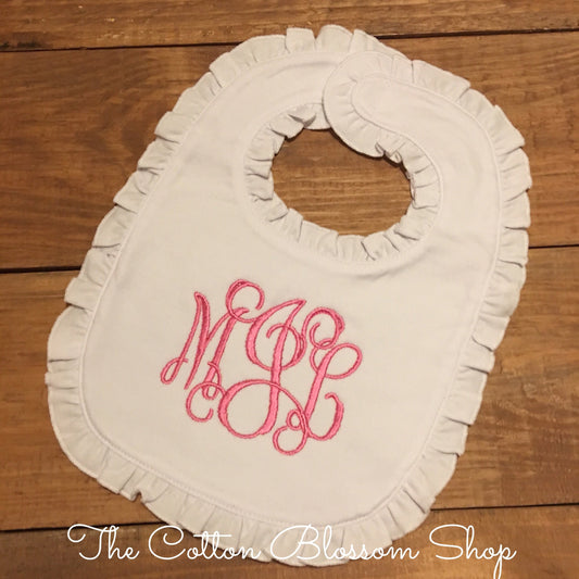 monogrammed ruffle bib, newborn coming home bib, newborn bib, boutique baby monogrammed ruffle baby bib