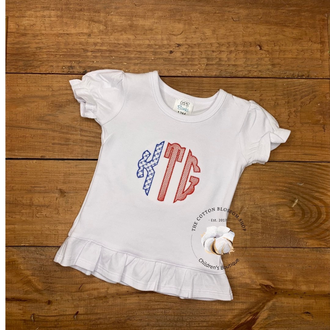 4th of July Monogrammed Girl's Shirt - Stars and Stripes, American flag monogrammed shirt