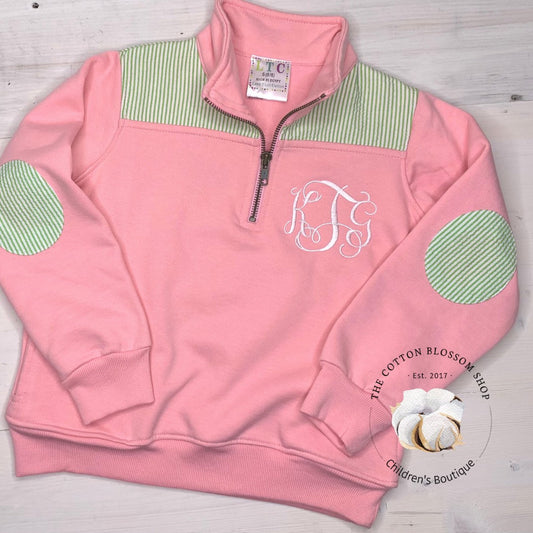 Girls monogrammed pullover, girls monogrammed sweatshirt, pink and green, seersucker