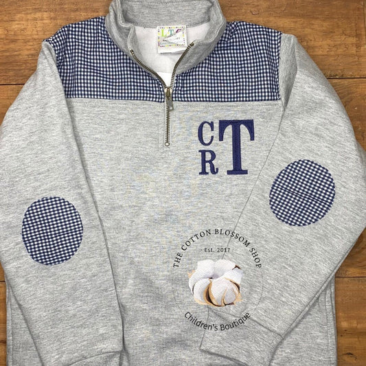 Boys monogrammed pullover, boys monogrammed sweatshirt, navy and grey, gingham