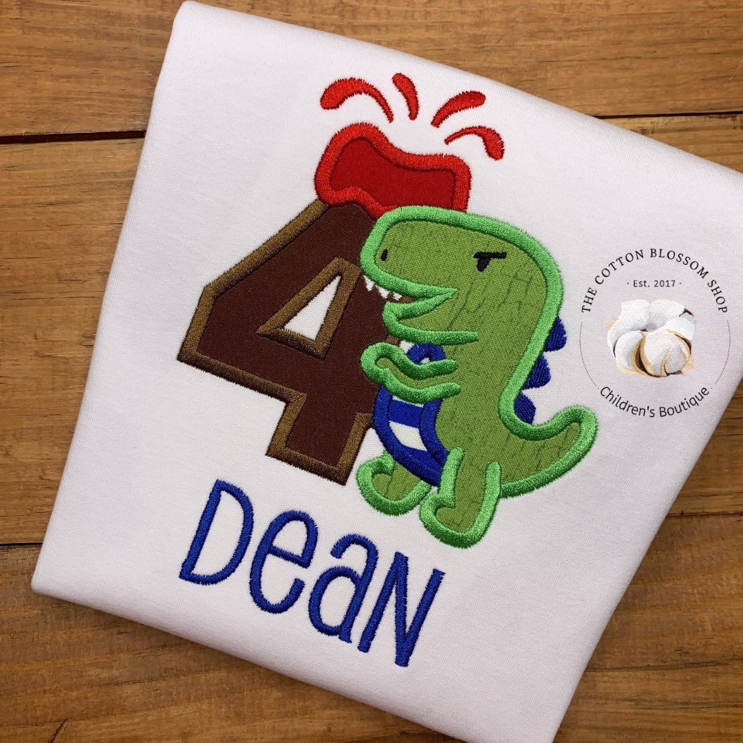 4th birthday Dinosaur birthday shirt, dinosaur birthday shirt, dinosaur applique birthday shirt, dinosaur shirt, dinosaur birthday, volcano