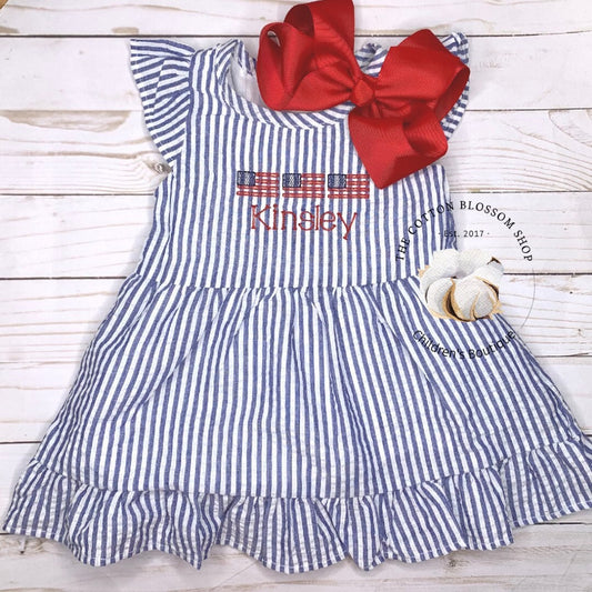 Girls Fourth of July dress, girls patriotic dress, girls seersucker dress, girls matching dress, girls monogrammed dress