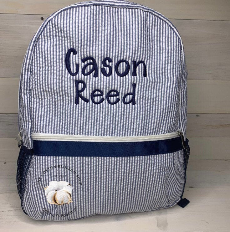 Boys preschool backpack, navy blue seersucker backpack, monogrammed backpack, monogrammed diaper bag, preschool backpack