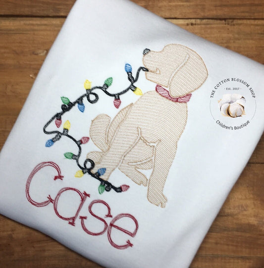 Boy's Christmas Shirt- Puppy Dog with Christmas Lights - Embroidered