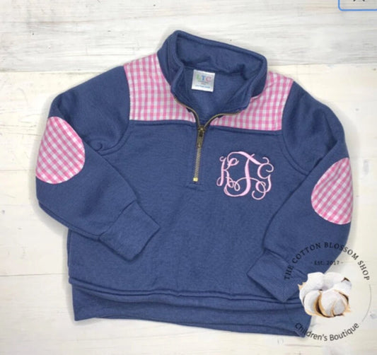 Girls monogrammed pullover, girls monogrammed sweatshirt, navy and pink, seersucker, gingham