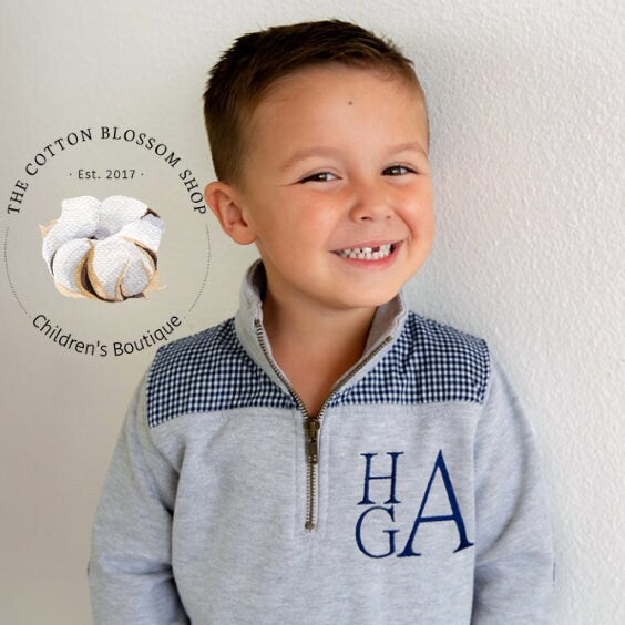 Boys monogrammed pullover, boys monogrammed sweatshirt, navy and grey, gingham