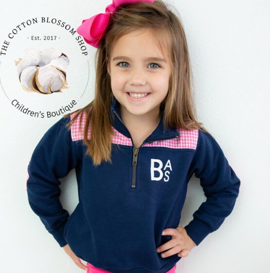 Girls monogrammed pullover, girls monogrammed sweatshirt, navy and pink, seersucker, gingham