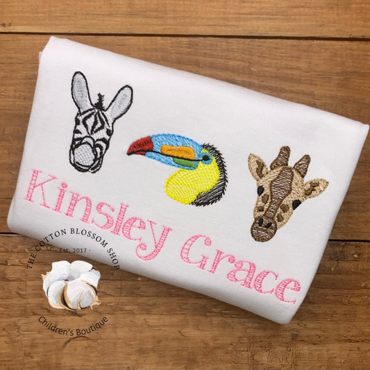 Girls zoo animals embroidered personalized shirt
