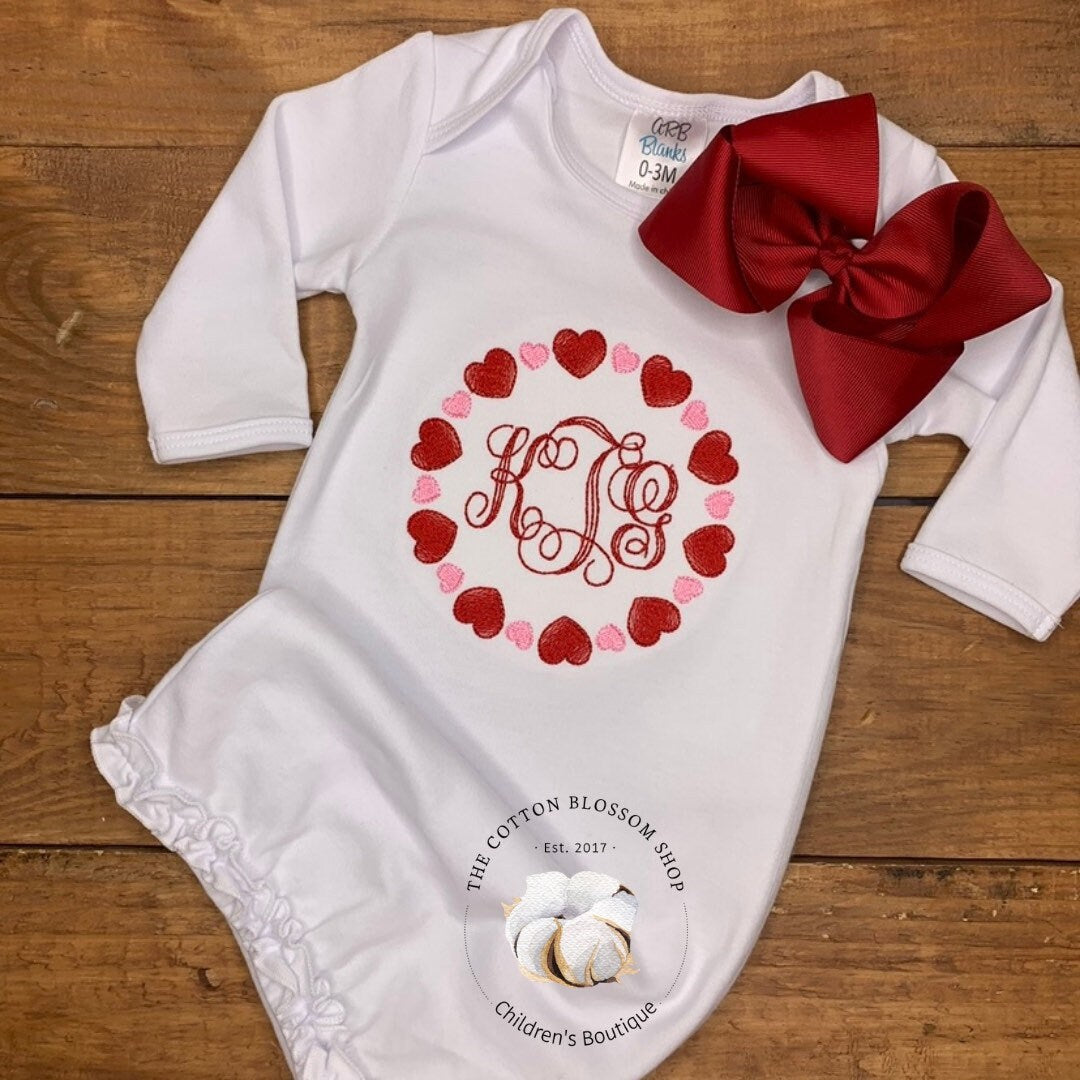 Baby girls Valentine's Day gown, girls valentines day shirt,y first Valentine’s Day, appliqué shirt, monogrammed gown