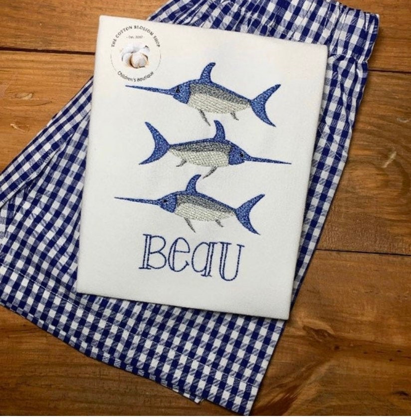 Boys swordfish shirt, gingham shorts outfit, boys summer outfit, applique shirt, monogrammed shirt