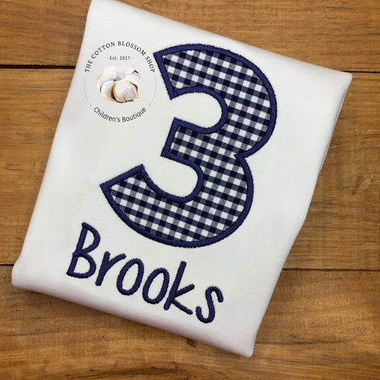 Boys Navy Blue and White gingham birthday shirt, boys first birthday shirt, boys navy blue birthday shirt, 3rd birthday shirt