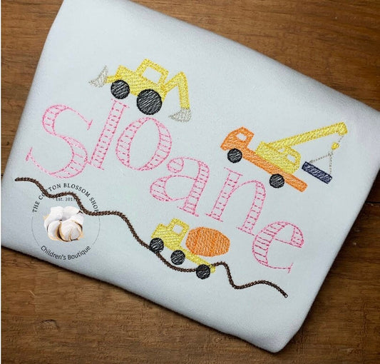Girls monogrammed construction trucks shirt