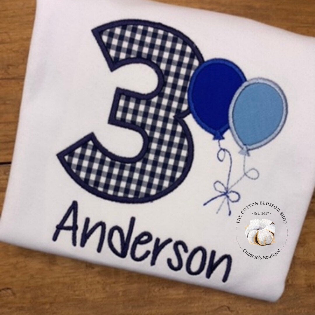 Boys 3rd Birthday Shirt, Boys balloons birthday shirt, 3rd birthday shirt, boys appliqué birthday  blue