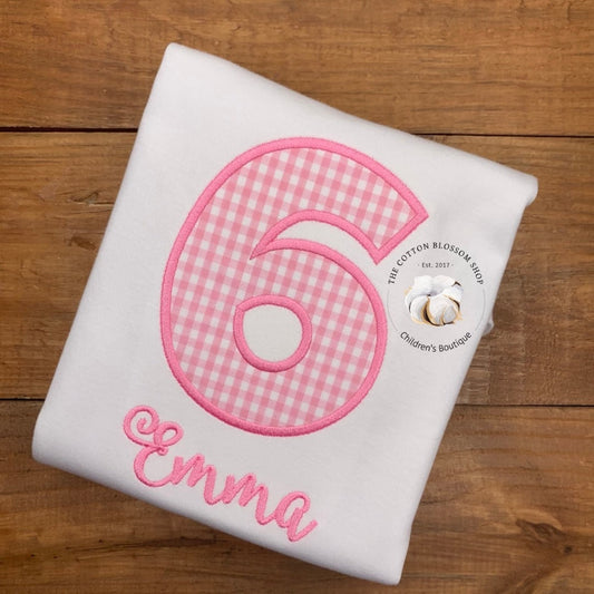 Girls 6 year old birthday shirt, 6 year old birthday outfit, girls birthday shirt, six shirt, number 6, pink gingham