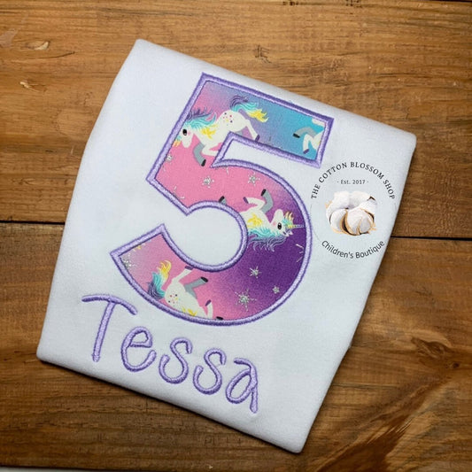 Unicorn birthday shirt, unicorn shirt, unicorn applique birthday shirt, unicorn embroidered birthday shirt, unicorn party birthday 5th
