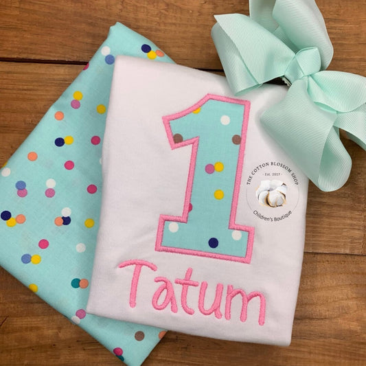 Girls 1st birthday polka dot birthday shirt, first birthday shirt, polka dot birthday shirt, aqua birthday shirt, pink birthday shirt