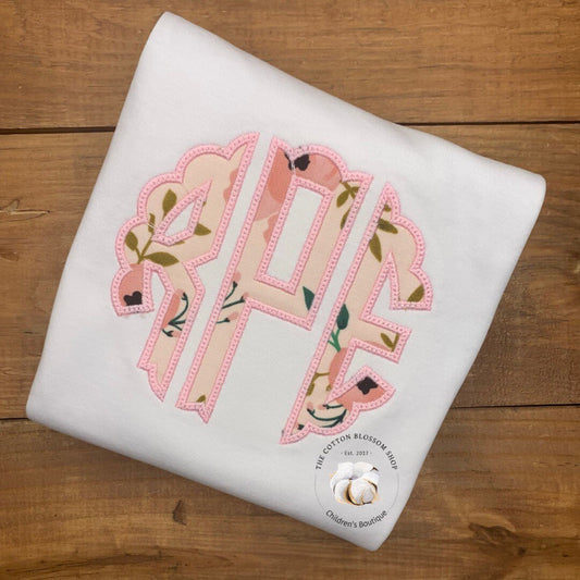 Girls pink floral monngrammed shirt, pink poppy applique monogram shirt