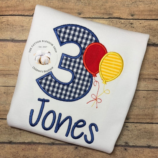 Boys 3rd Birthday Shirt, Boys balloons birthday shirt, 3rd birthday shirt, boys appliqué birthday shirt red yellow blue