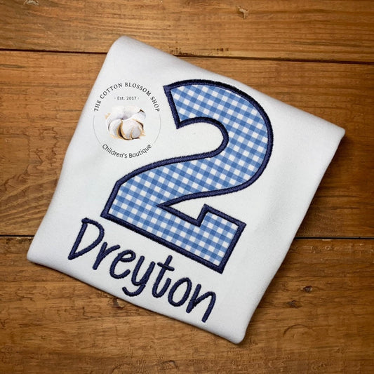 Boys light Blue and White gingham birthday shirt, boys second birthday shirt, boys light blue birthday shirt, 2nd birthday shirt, navy