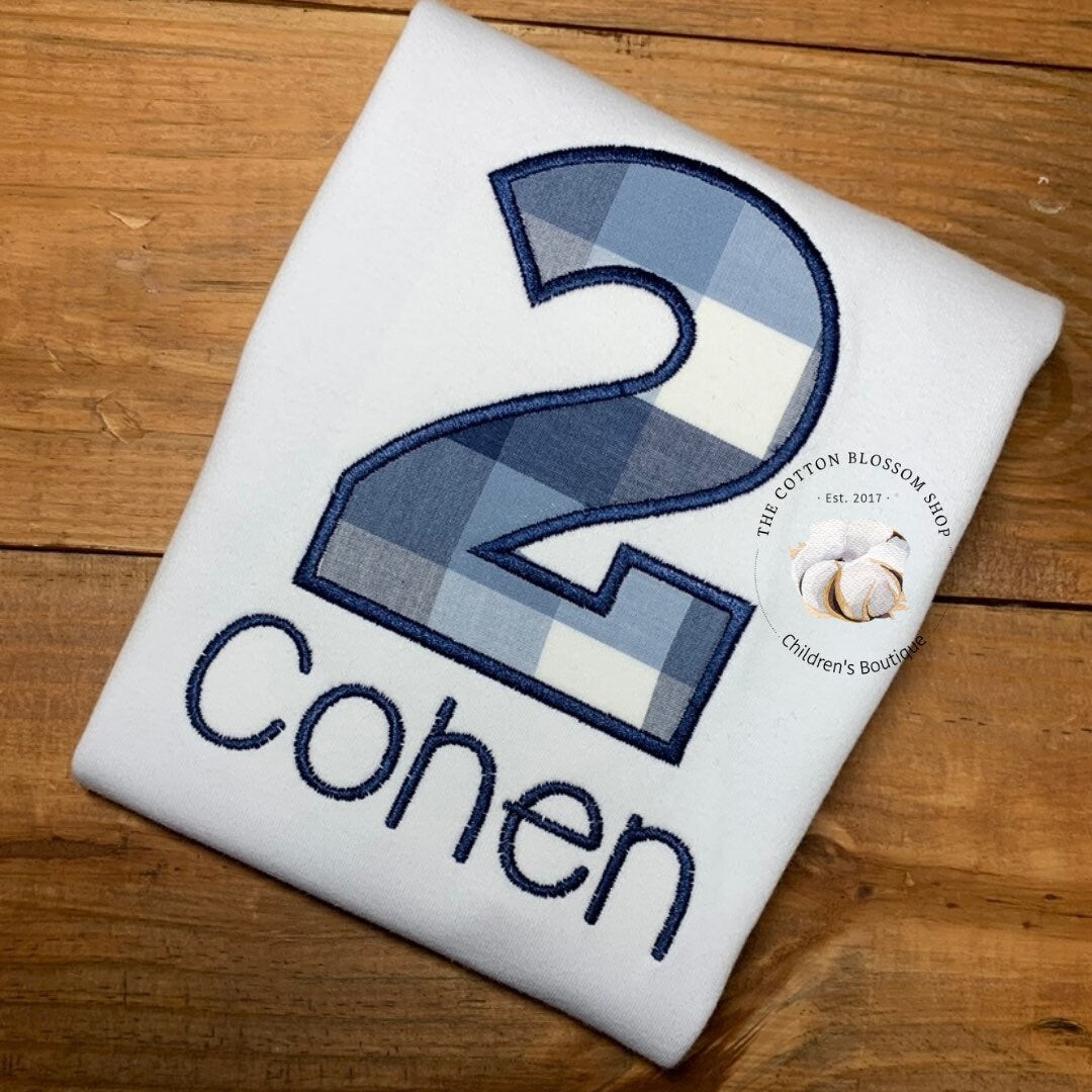 Boys Blue and White plaid birthday shirt, boys second birthday shirt, boys light blue birthday shirt, 2nd