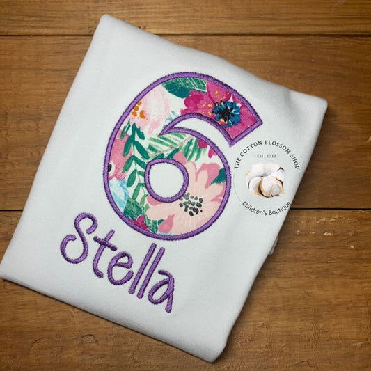 Girls floral birthday shirt, 6th birthday flowers floral birthday outfit, girls birthday shirt, roses birthday shirt, applique shirt, 6th