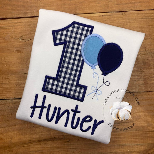 Boys 1st Birthday Shirt, Boys balloons birthday shirt, 1st birthday shirt, boys appliqué birthday shirt, shades of blue birthday shirt