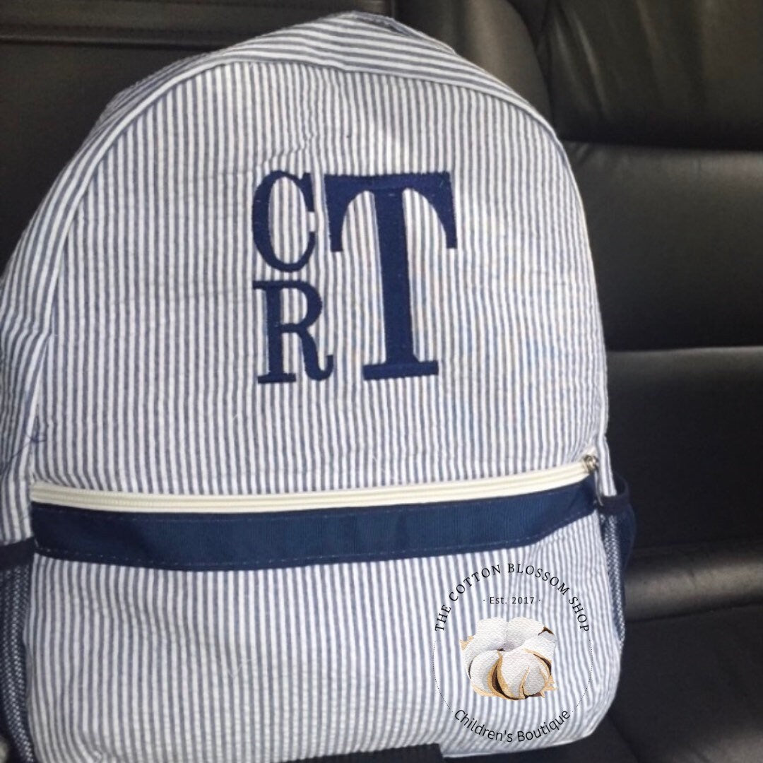 Boys preschool backpack, navy blue seersucker backpack, monogrammed backpack, monogrammed diaper bag, preschool backpack