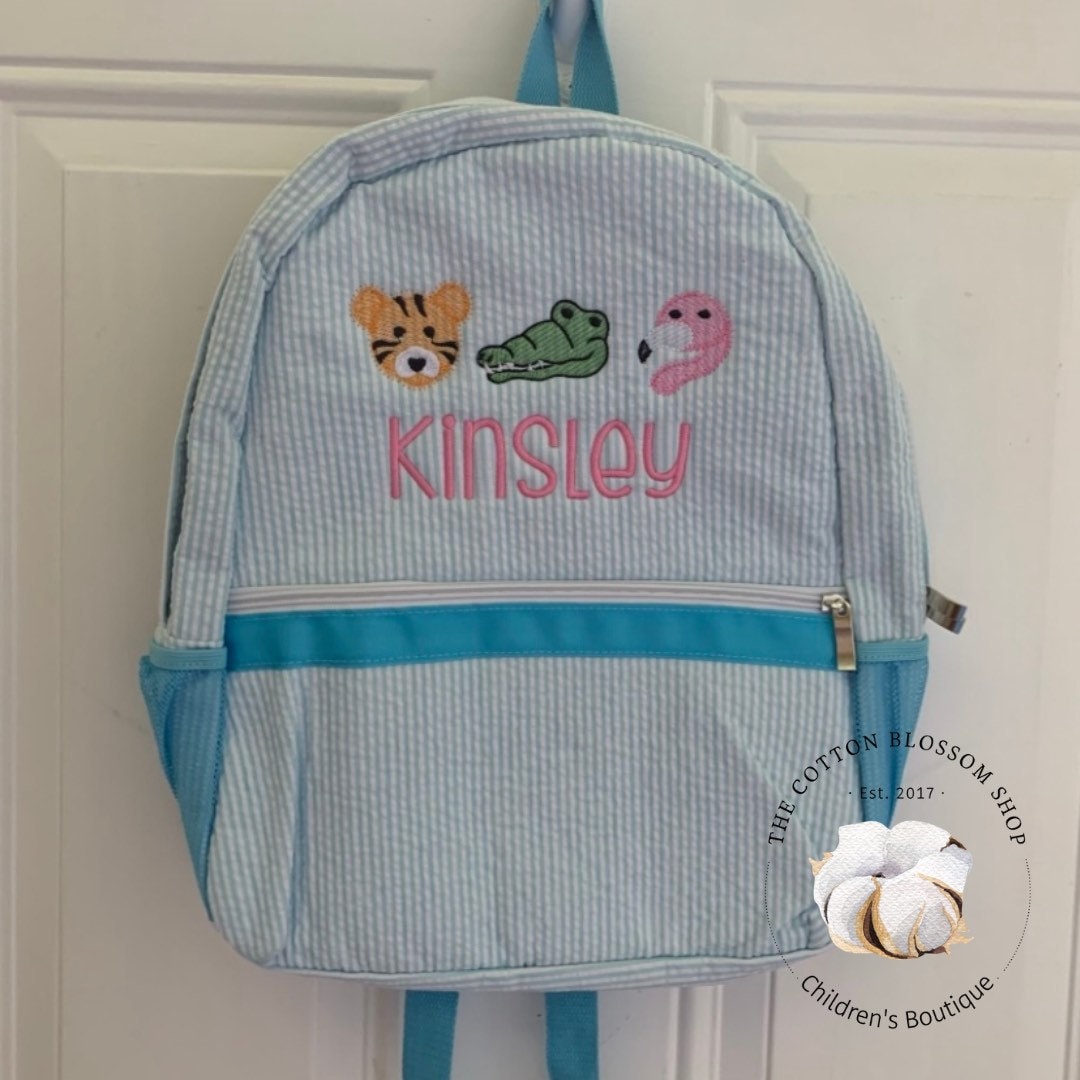 Girls seersucker backpack, aqua pink seersucker backpack, monogrammed backpack, monogrammed diaper bag, preschool backpack, zoo animals