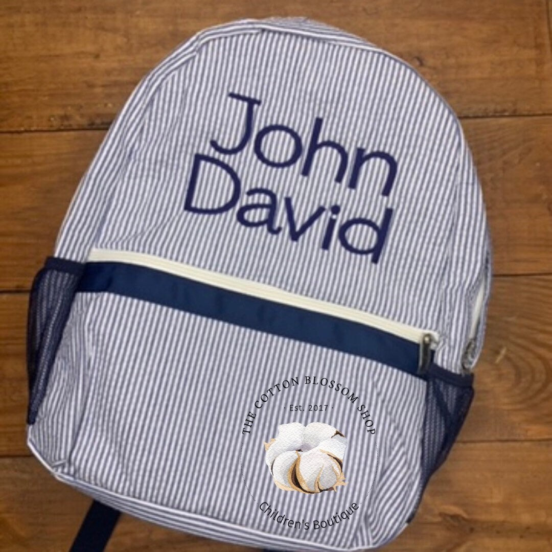 Boys preschool backpack, navy blue seersucker backpack, monogrammed backpack, monogrammed diaper bag, preschool backpack