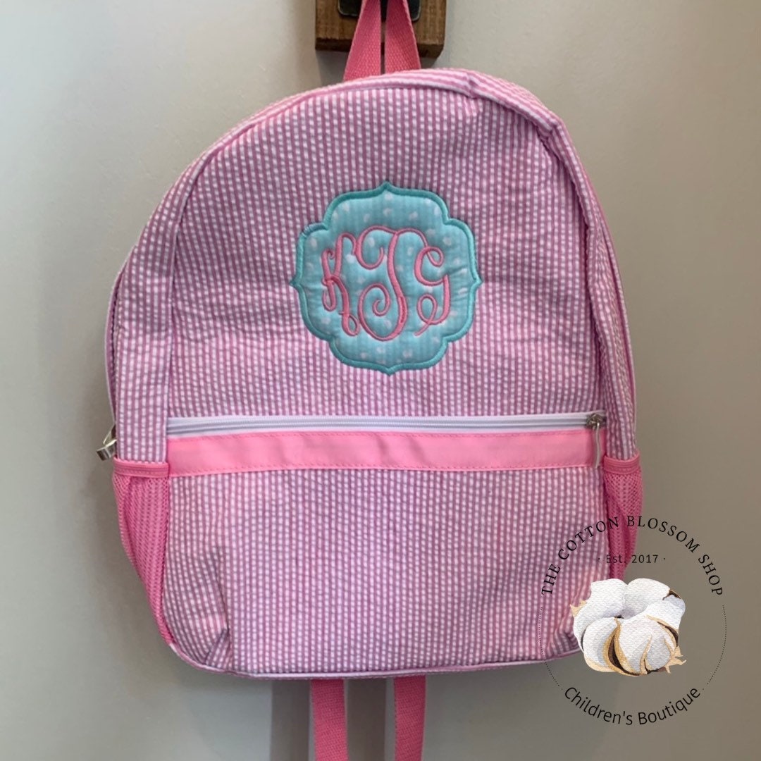 Girls preschool backpack, pink seersucker backpack, monogrammed backpack, monogrammed diaper bag, preschool backpack