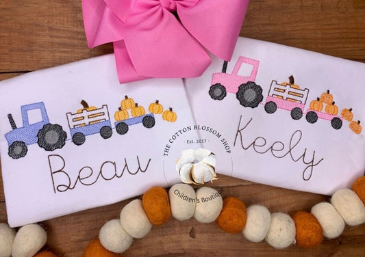 matching pumpkin patch shirts, sibling shirt set, monogrammed tractor applique shirts, matching pumpkin shirts, pink and blue