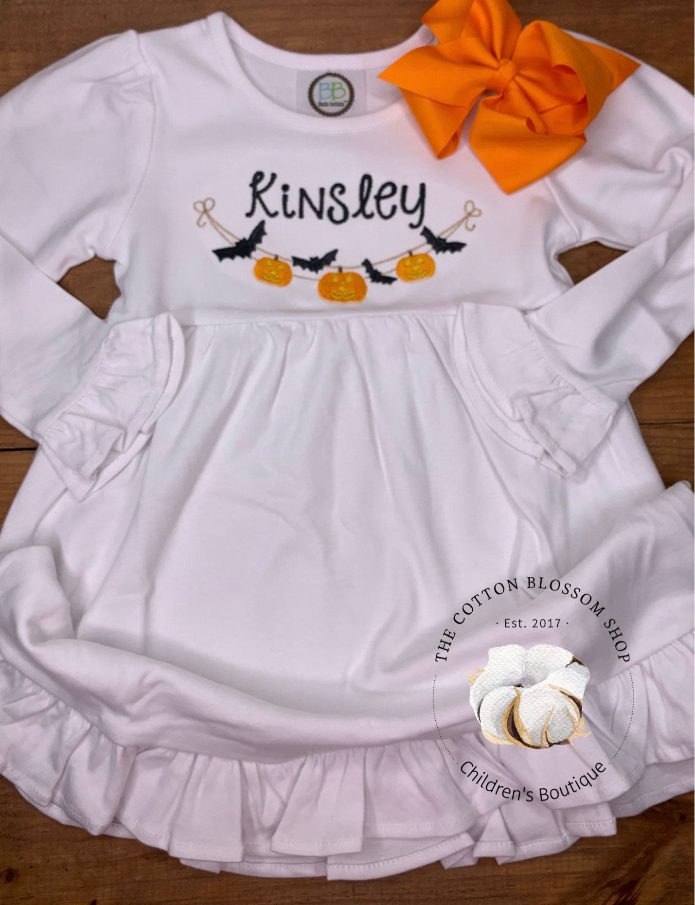 Girls Monogrammed Halloween Dress, girls Halloween dress, applique dress, embroidered dress, pumpkins and bats dress