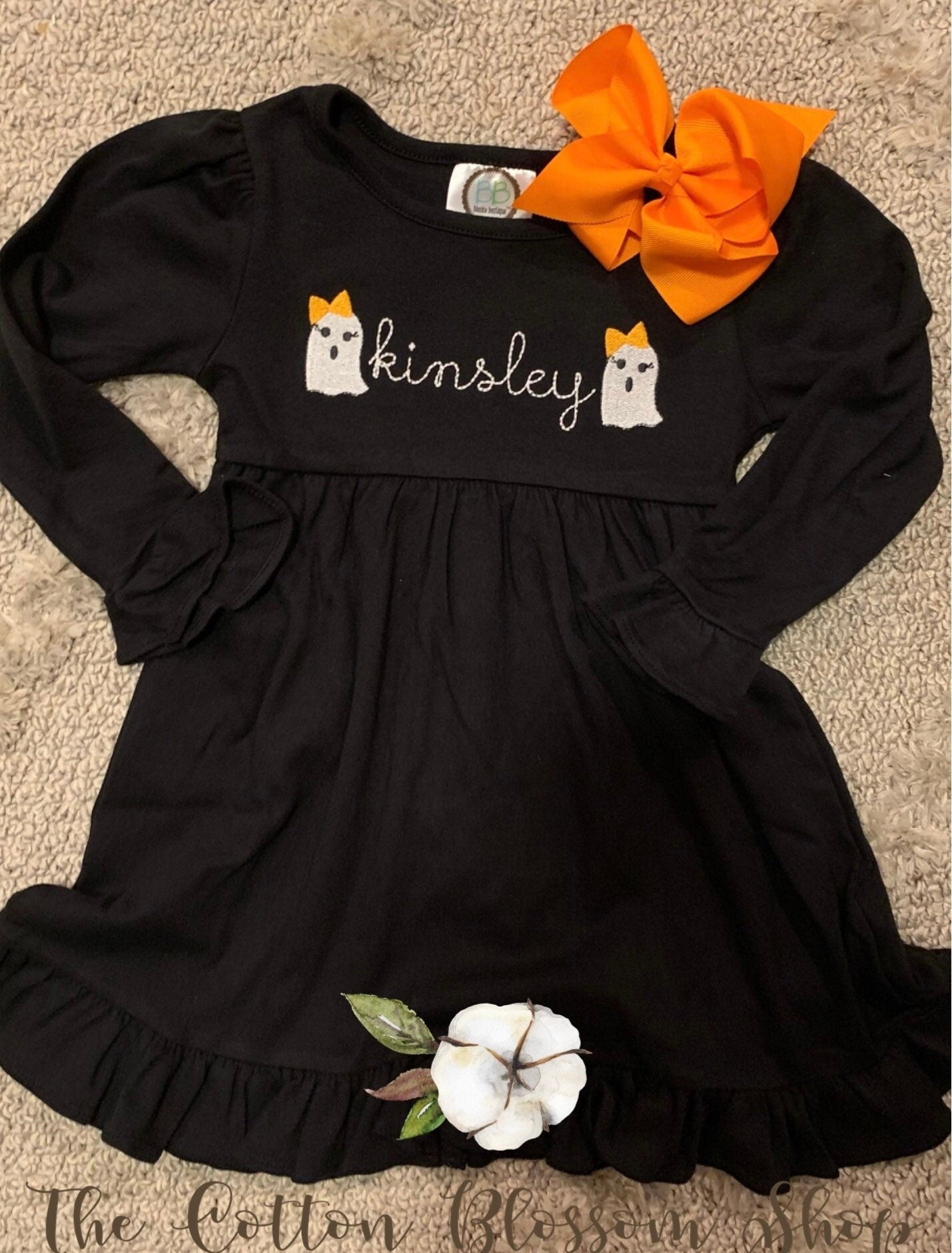 Girls Monogrammed Halloween Dress, girls Halloween dress, applique dress, embroidered dress, black dress, ghost dress